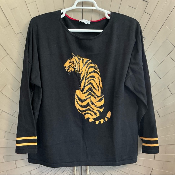 Joan Vass Black Gold Sequin Bengal Tiger Sweater - Picture 1 of 7